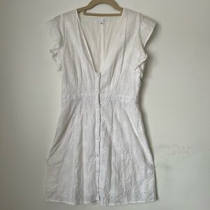 Emory Park white floral embroidered button up V-neck mini dress | size M